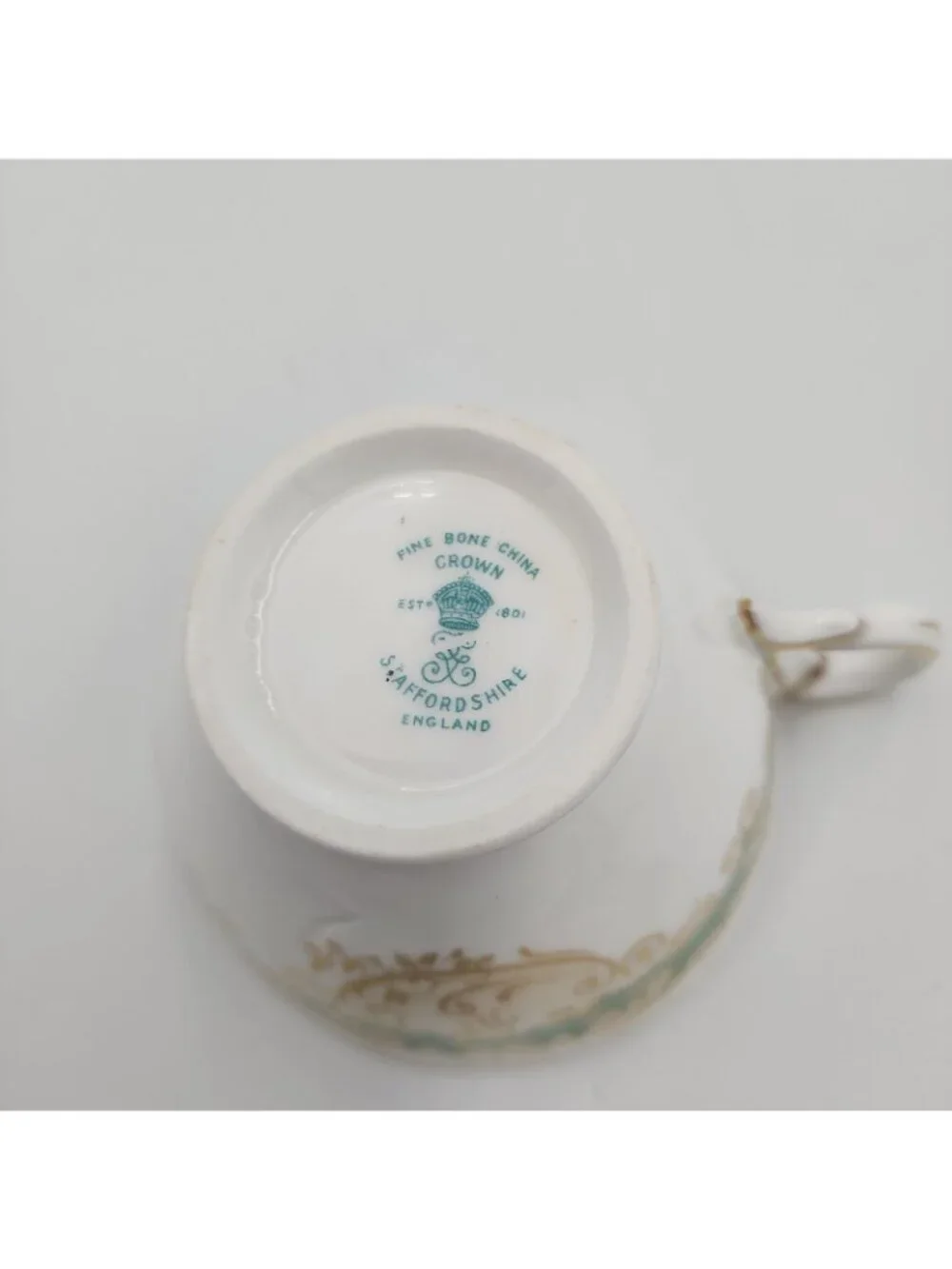 Crown Staffordshire Fine Bone China Tea Cup & Saucer Green Gold Trim